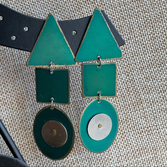 Vintage Geometric Post Dangle Earrings Teal 3 Tier